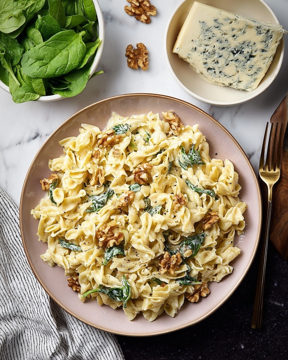 The image shows six steps of making a creamy pasta dish in a black pan, placed on a white marbled surface. The first layer is a small yellow cube of butter melting in the center of the pan. Next, finely chopped white onions with a light purple shade are scattered in the melted butter, turning slightly golden. The third layer adds a large dollop of thick white cream among the translucent cooked onions. Fourth, bright green fresh spinach leaves are piled over the creamy mixture. The fifth layer shows light yellow twisted pasta added on top of the creamy green spinach sauce. The final layer features chopped brown nuts sprinkled on top of the creamy pasta mix with spinach. Photo taken with an iphone --ar 4:5 --v 7