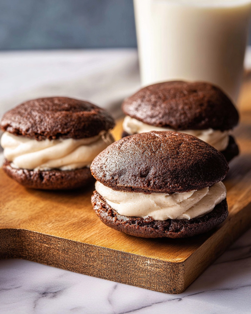 The image shows three chocolate whoopie pies arranged on a wooden board placed on a white marbled texture. Each whoopie pie has two dark brown, round, soft-looking chocolate layers with a thick, creamy light beige filling sandwiched in between. The texture of the chocolate layers looks slightly rough and cracked on top, while the filling appears smooth and fluffy. A glass of milk is visible in the back, blurred slightly, adding a fresh element to the scene. The lighting highlights the softness and detail of the whoopie pies, making them look moist and inviting photo taken with an iphone --ar 4:5 --v 7