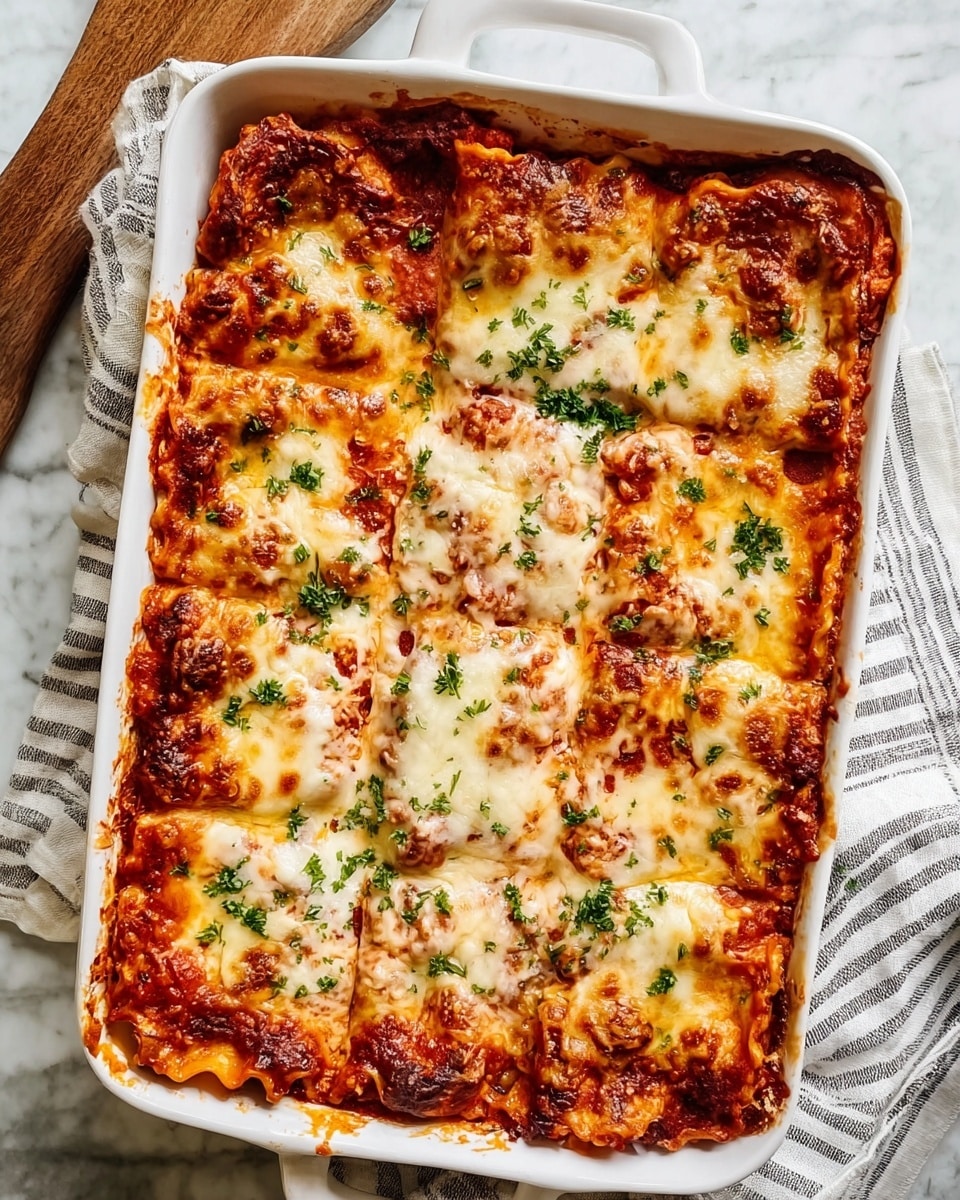 A white rectangular baking dish is filled with layered lasagna cut into nine squares. The top layer is melted golden-brown cheese with some slightly browned spots and small green herbs sprinkled over. Underneath, a rich red tomato sauce with visible chunks peeks out between the cheese and pasta layers. The lasagna layers are uneven but thick, with sauce and cheese creating a gooey texture. The dish sits on a white marbled surface next to a white and gray striped cloth, and small bowls with green herbs are partially visible in the background. photo taken with an iphone --ar 4:5 --v 7