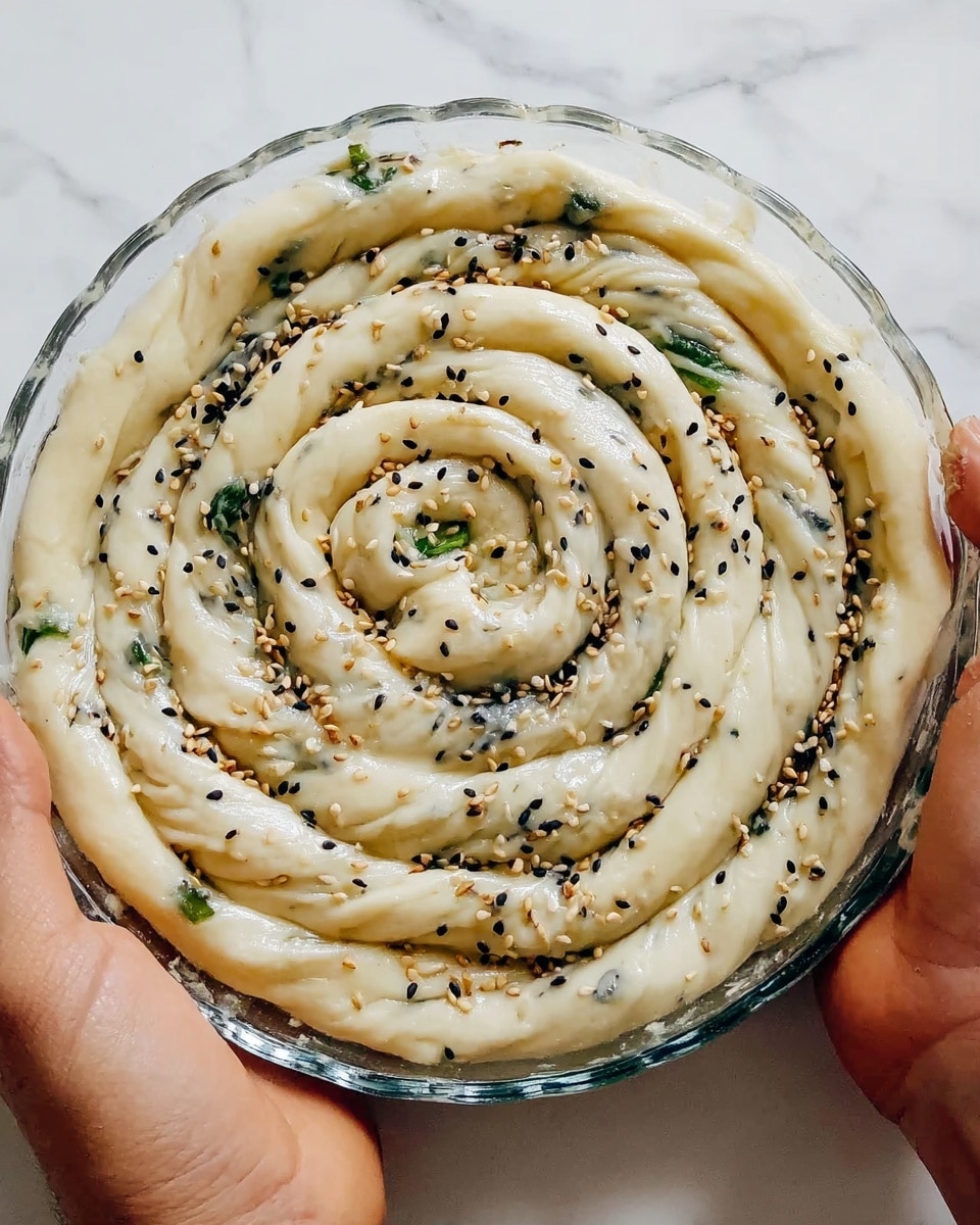 A glass round dish holds a spiral-shaped dough coil with three visible layers winding inward from the edge to the center. The dough is pale cream in color and has a smooth, glossy texture. Scattered on top are small black and white sesame seeds, adding speckled detail across the surface. Small green pieces are visible between some dough folds, likely herbs or greens. A woman's hands are holding the dish from both sides. The dish is placed on a white marbled surface. photo taken with an iphone --ar 4:5 --v 7
