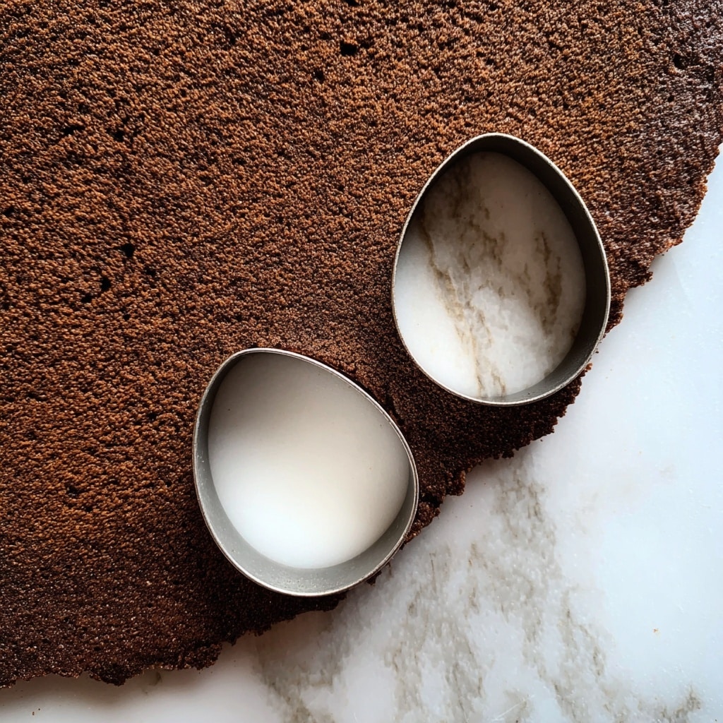 The image shows a close-up of a thin, flat chocolate cake or brownie layer placed on a white marbled surface. The cake has a smooth, slightly grainy texture with a dark brown color. Two circular shapes have been cut out from the cake close to each other, and a metal oval cookie cutter rests inside one of the cut-out spaces. The lighting highlights the texture of the cake and the contrast between the dark cake and light white marbled surface. photo taken with an iphone --ar 4:5 --v 7