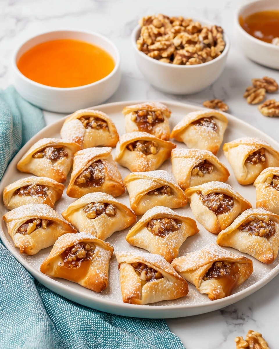 A close-up view of several small pastry pockets on a white plate, each with a thin, golden-brown crust folded over a warm, chunky filling of light amber and caramel-colored nuts and fruit pieces, some spilling slightly from the center. The pastries have a slightly rough texture and are dusted with fine white powdered sugar scattered unevenly on top and around them. The plate sits on a white marbled surface, adding a clean, soft background to the warm tones of the pastries. photo taken with an iphone --ar 4:5 --v 7