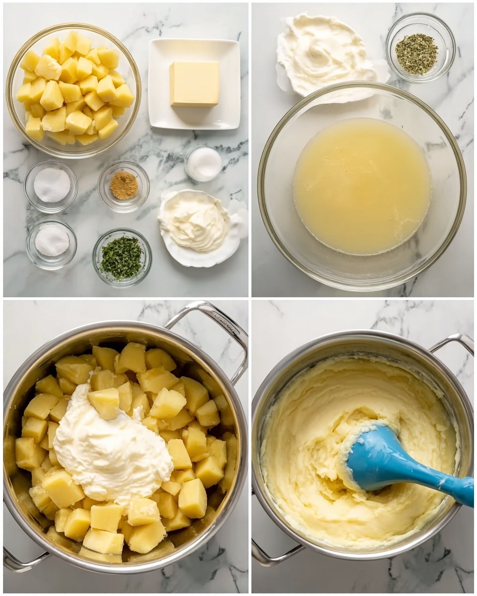 The collage shows four images of a cooking process on a white marbled background. The first image displays the ingredients neatly arranged: a glass bowl with cubed light yellow potatoes, a glass bowl with light yellow broth, a bowl of white sour cream, a square white plate with a stick of butter, small bowls with salt, pepper, chopped green herbs, and minced garlic. The second image shows a silver pot filled with cubed potatoes, mostly yellow with light brown skins. In the third image, the same pot now includes the potatoes topped with a layer of sour cream and butter, both white and light yellow in color. The fourth image reveals creamy mashed potatoes inside the pot, with a pale yellow smooth texture, being whipped by a blue silicone masher. Photo taken with an iphone --ar 4:5 --v 7