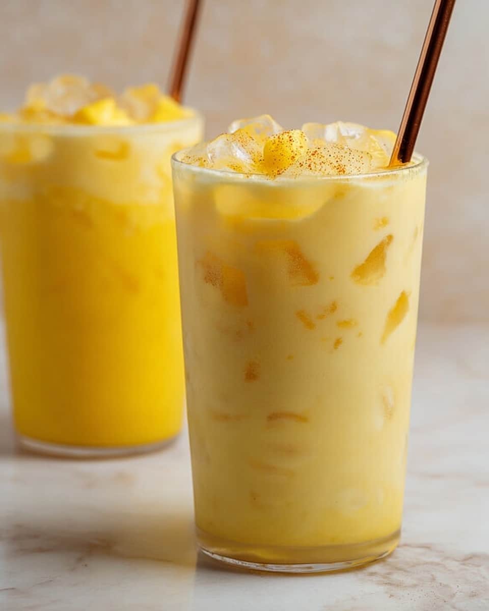 Two clear glasses hold a layered yellow drink with small orange pieces inside, both filled with ice cubes on top. Each glass has a light beige straw placed upright, with the drink's texture looking smooth but thick. The glasses sit on a white marbled surface with a soft, light background. The front glass is in sharp focus, while the second one is slightly blurred behind it. photo taken with an iphone --ar 4:5 --v 7