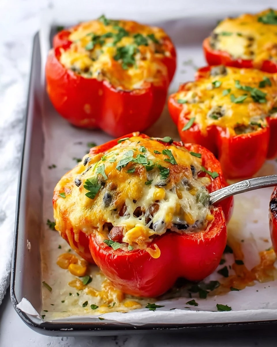 The image shows a close-up of three stuffed red bell peppers placed on a white marbled surface. Each pepper is cut in half and filled with a creamy mixture that includes visible layers of melted yellow cheese, corn kernels, black beans, and green herbs. The cheese on top is golden and slightly browned, with some melting over the edges of the peppers. Small green herb pieces are sprinkled both on top of the filling and around the peppers on the surface. A silver spoon is scooping the filling from the closest pepper, adding texture and depth to the scene. Photo taken with an iphone --ar 4:5 --v 7