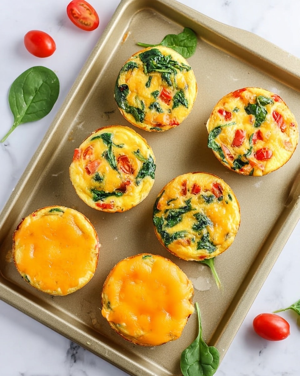 The image shows six round mini egg frittatas on a light brown baking tray. Three frittatas have a yellow base mixed with pieces of spinach and cherry tomato, showing green leaves and red tomato bits scattered evenly throughout. The other three frittatas are covered in a smooth layer of orange melted cheese on the top, giving a shiny texture. The tray is placed on a white marbled surface with a few loose spinach leaves and whole cherry tomatoes scattered around it. The scene has bright, natural light showing clear colors and textures. photo taken with an iphone --ar 4:5 --v 7
