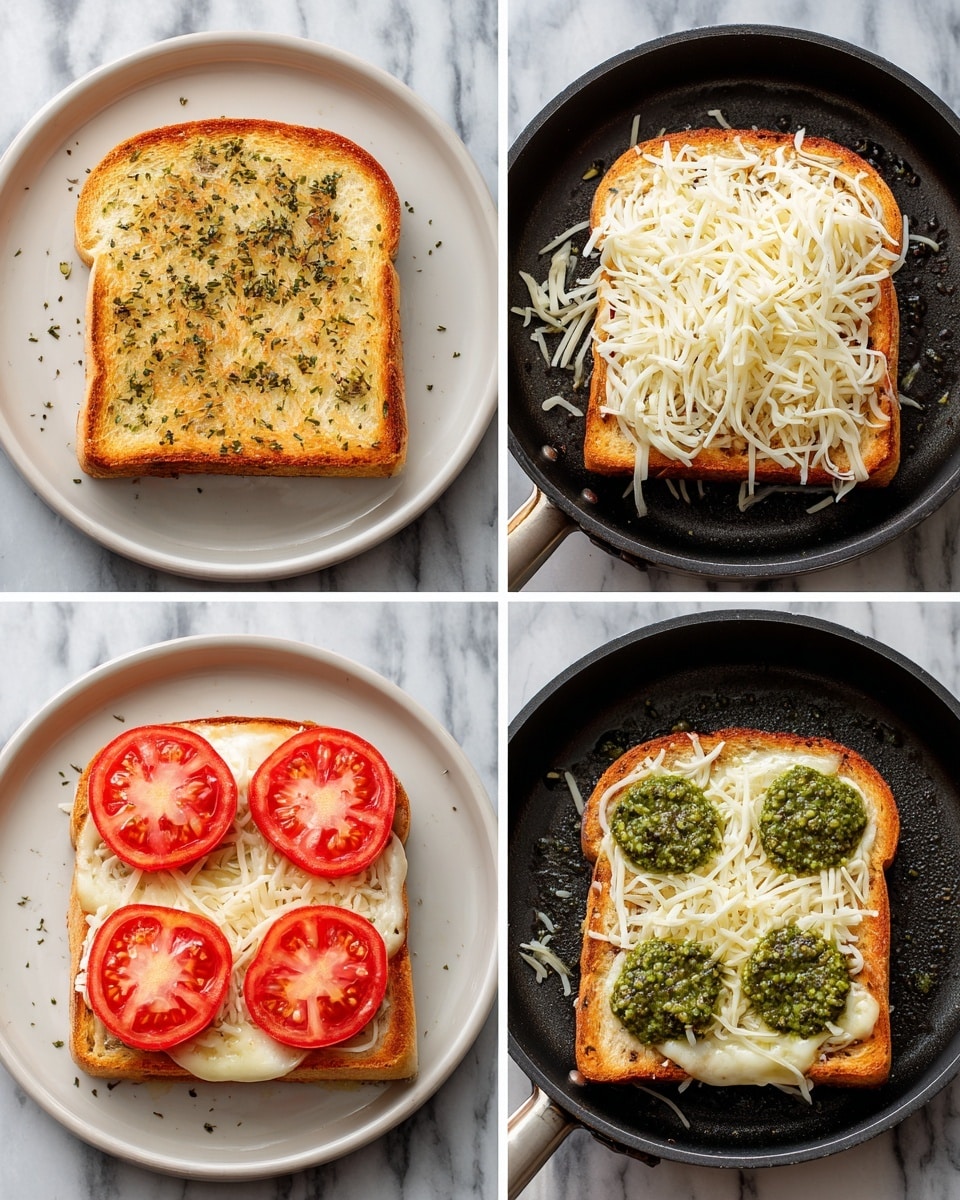 The four-panel image shows the step-by-step making of a toasted sandwich on a white plate and then a black pan with a white marbled background. The first image displays a single slice of bread lightly toasted with a golden brown color sprinkled with herbs evenly on top. The second image shows two slices of bread golden toasted with a crispy texture, placed side by side in a black pan. The third image adds shredded white cheese covering the toasted bread, topped with five round red tomato slices arranged neatly side by side. The fourth image shows the same slice with the cheese and tomatoes now covered with dollops of green pesto sauce spread over the top. Photo taken with an iphone --ar 4:5 --v 7