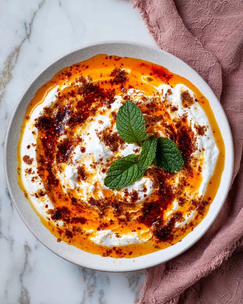 A white plate holds a layered dish starting with a base of creamy white yogurt, swirled with bright orange-red oil or sauce, which is sprinkled with dark red spices on top. The yogurt is thick and textured, forming small mounds in the center. Two fresh green mint leaves are placed on top for garnish. The plate is set on a white marbled surface, and a soft pink fabric napkin sits to the right. The overall look is colorful with white, orange, red, and green tones blending together. photo taken with an iphone --ar 4:5 --v 7