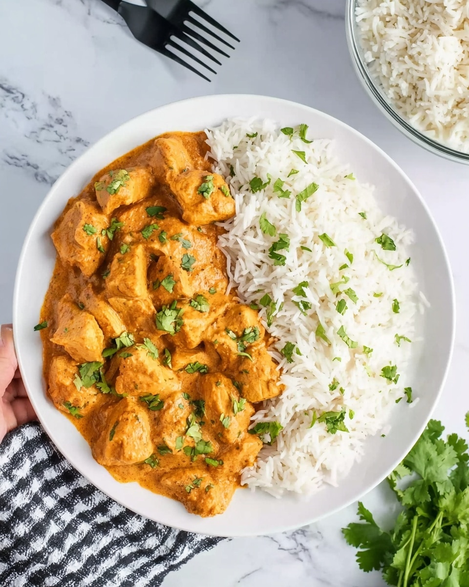A white plate holds two main layers: on one side, plain white long-grain rice with a dry, fluffy texture; on the other side, chunks of light orange creamy curry sauce coating evenly sized chicken pieces, garnished with small chopped green cilantro leaves scattered lightly on top. The plate sits on a white marbled surface with a partial view of a transparent bowl filled with more white rice on the right and some fresh cilantro sprigs at the bottom right corner. A woman's hand is just outside the left side holding part of a folded black and white checkered cloth with black forks near it. Photo taken with an iphone --ar 4:5 --v 7
