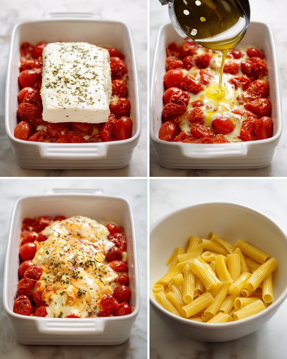 The images show a white rectangular dish with three layers. The first layer is whole red cherry tomatoes spread around the edges. In the center, there is a block of white cheese with some herbs sprinkled on top, sitting on the tomatoes. The second layer shows olive oil being poured over the cheese and tomatoes, and a metal masher pressing down on the cheese. The third layer displays the cheese melted and mixed with the tomatoes, creating a creamy, soft, orange cheese sauce with some whole tomatoes still visible. The fourth image shows cooked yellow rigatoni pasta in a white bowl, ready to mix with the cheese and tomato sauce. The dish is on a white marbled surface photo taken with an iphone --ar 4:5 --v 7