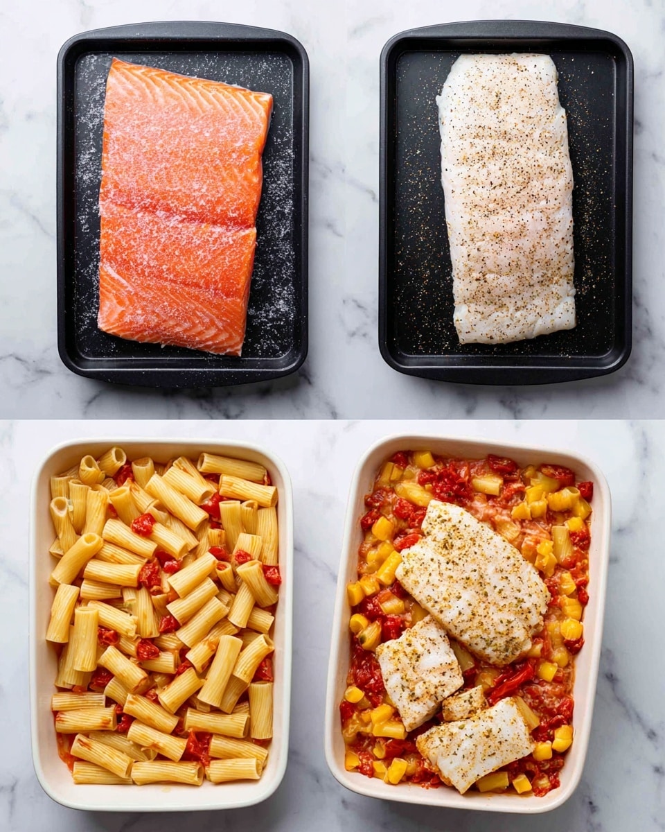 The image shows a four-step cooking process arranged in a 2x2 grid on a white marbled background. The first step is a close-up of a fresh orange-pink piece of salmon seasoned with salt and pepper on a black baking tray. The second step shows a white piece of fish filet seasoned heavily with black pepper on the same tray. The third step presents a white rectangular baking dish filled halfway with rigatoni pasta coated in a light tomato sauce, topped with a cooked and seasoned white fish fillet that has been partially broken into pieces. The fourth step displays the same white dish now filled fully with rigatoni pasta and diced tomatoes in a rich sauce, with no fish visible. Photo taken with an iphone --ar 4:5 --v 7
