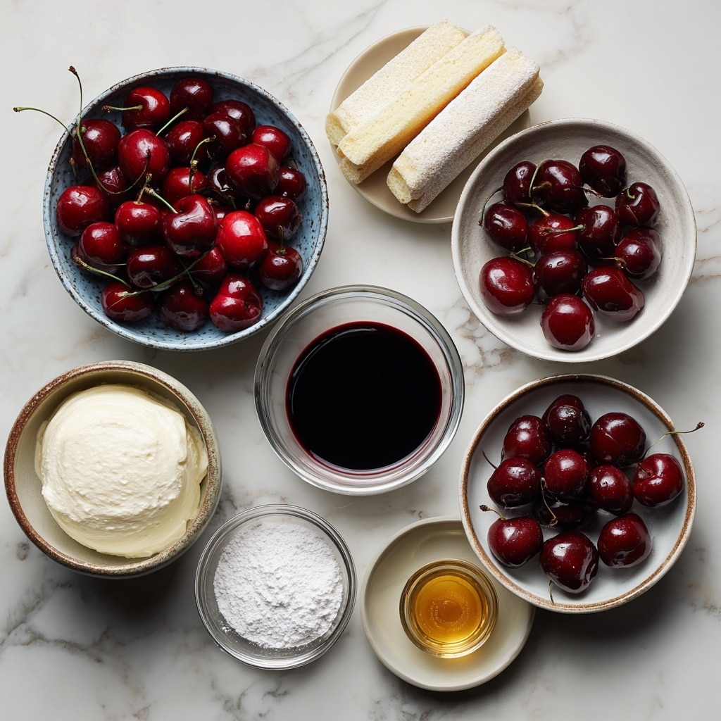 The image shows a slice of layered dessert on a white plate, placed on a white marbled surface. The dessert has three main layers: a bottom layer of light sponge soaked with bright red cherry syrup, a thick middle layer of creamy white filling, and a top layer of sponge also soaked in cherry syrup with dollops of fluffy white cream. Bright red cherry sauce is drizzled over the top and sides, creating vibrant red streaks against the white cream. Nearby, whole cherries and a fork rest on the surface, and in the background, there is a white ramekin filled with dark cherry topping. photo taken with an iphone --ar 4:5 --v 7