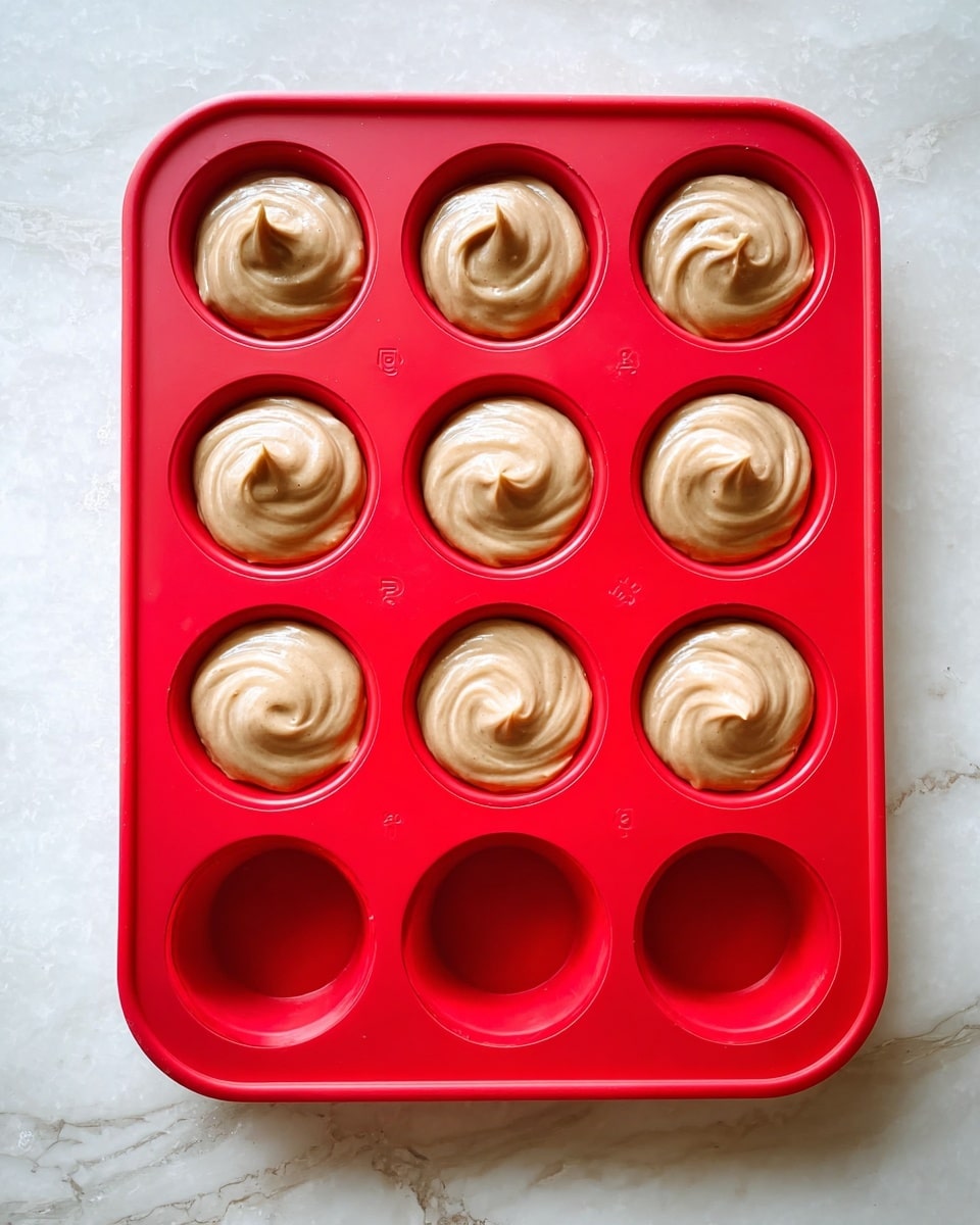 A white marbled surface holds a red silicone muffin tray with twelve round cavities arranged in a 3 by 4 grid. Nine of the cavities are filled with light brown, smooth batter swirled in the center of each cavity, creating soft peaks and small textured swirls. The bottom row and the first cavity in the third row remain empty, showing the hollow red silicone shape. The top-down view highlights the contrast between the beige batter, the bright red tray, and the white marbled background. photo taken with an iphone --ar 4:5 --v 7