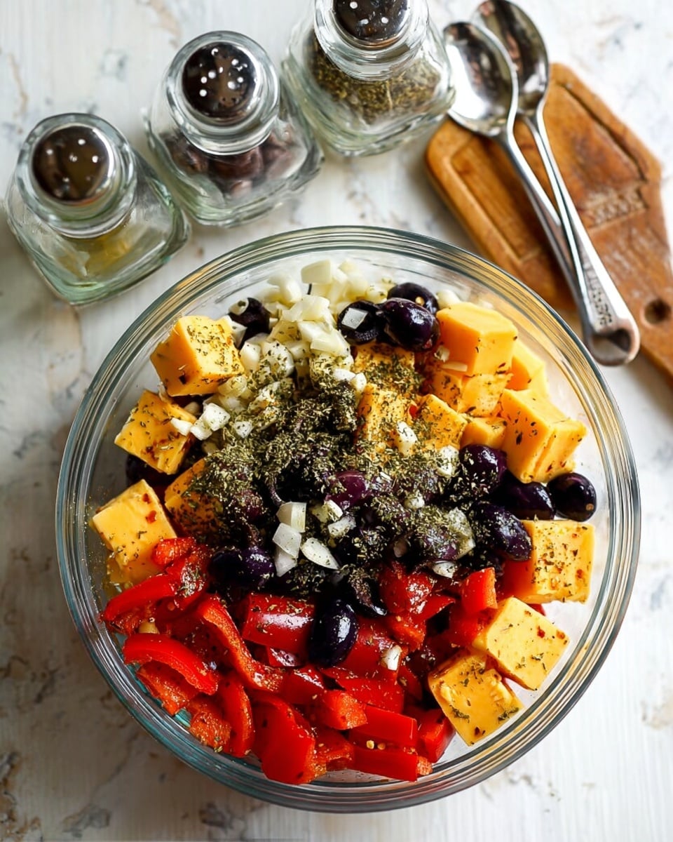 A clear glass bowl filled with a colorful mix of salad ingredients sits on a white marbled surface. The bowl contains three layers: large yellow-orange cheese cubes, shiny black and green olives, and bright red roasted pepper strips. Small bits of white garlic are sprinkled on top, along with an even layer of dried herbs covering the whole mix. Around the bowl, clear glass spice containers and silver measuring spoons rest on the surface. The photo taken with an iphone --ar 4:5 --v 7