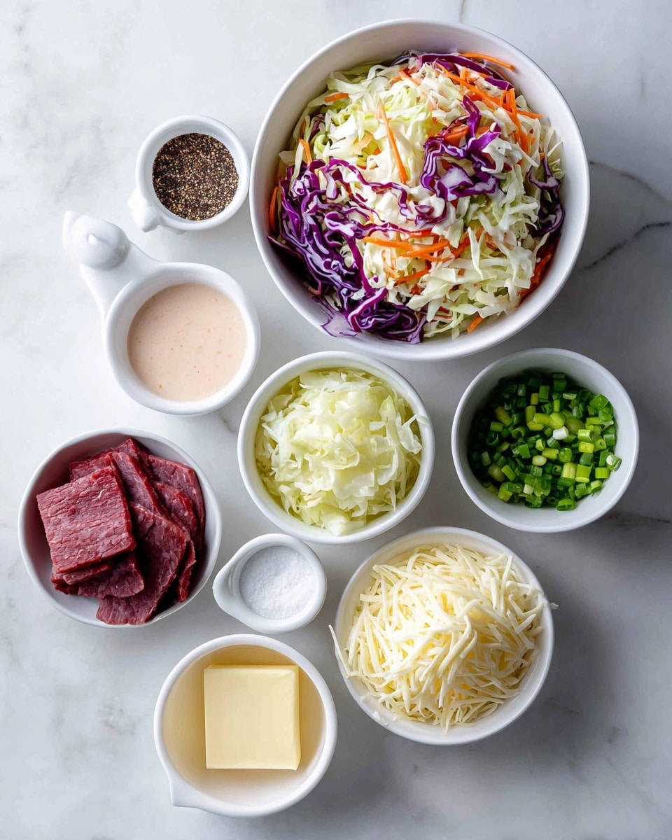 The image shows eight white bowls on a white marbled surface, each holding a different ingredient. In the top center, a large bowl contains a colorful coleslaw mix with shredded purple and white cabbage and carrots. To its left is a small bowl with light pink thousand island dressing. Below it, a small bowl with dark brown caraway seeds. In the middle is a white bowl filled with thin slices of dark red deli corned beef. To the right, a small bowl with bright green chopped green onions. Below the corned beef, a white bowl contains pale yellow sauerkraut, while next to it a bowl holds shredded white Swiss cheese. At the bottom right is a small amount of light yellow butter on a white holder, and at the bottom left, there is a small bowl with white salt and black pepper. Photo taken with an iphone --ar 4:5 --v 7