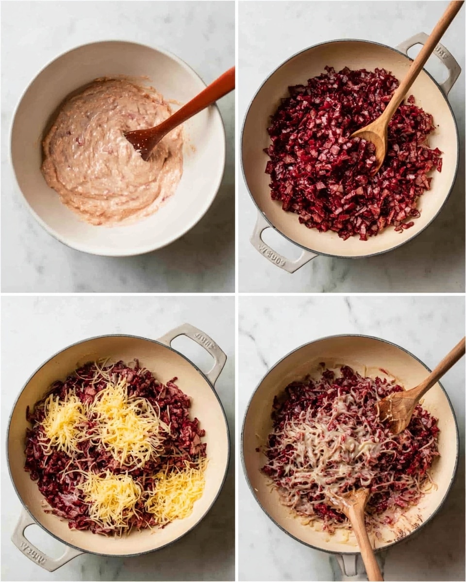 The image is divided into four parts, showing a cooking process on a white marbled surface. The top left shows a white bowl filled with a light pink, creamy mixture with a wooden spoon inside it. The top right shows a white pan filled with dark red chopped pieces that look soft, with a wooden spoon resting on one side. The bottom left shows the same pan with the dark red pieces mixed with some shredded yellow cheese and the wooden spoon stirring it. The bottom right shows the pan again, but now with more melted cheese covering the red pieces, and the wooden spoon still in the pan. Photo taken with an iphone --ar 4:5 --v 7