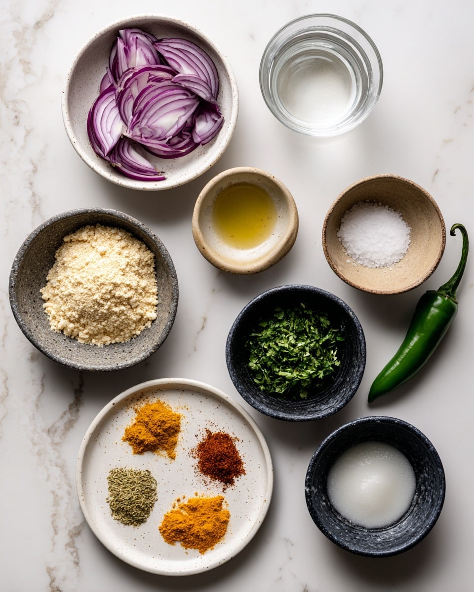 The image shows various ingredients placed neatly on a white marbled surface in small white and dark bowls arranged in a grid-like layout. At the top left, a white bowl holds sliced red onions with purple and white layers. To the right, a small white bowl contains clear water, and below it, a small light brown bowl holds lime juice. Below and slightly left, a dark bowl contains beige chickpea flour with a fine texture. To its right, a small green chili pepper sits next to a dark bowl filled with finely chopped dark green parsley. At the bottom left, a white speckled plate holds four piles of spices arranged in a circle: bright yellow turmeric, orange-red paprika, light brown cumin, and white salt. To the right, two more dark bowls hold white coconut oil with a smooth texture and a finely chopped green herb. The bowls and ingredients are spaced evenly, creating a tidy and organized visual. Photo taken with an iphone --ar 4:5 --v 7