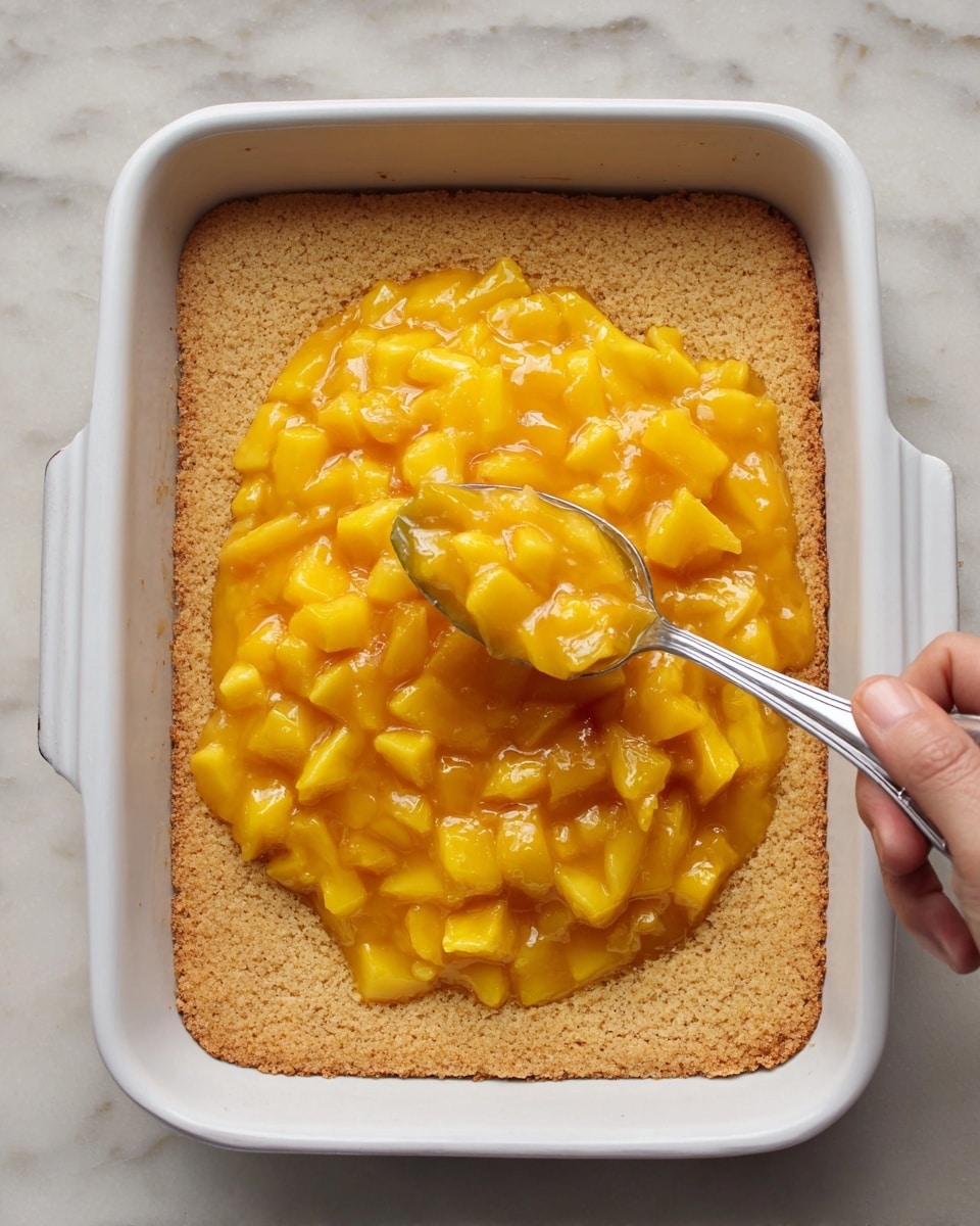 A white rectangular baking dish is shown with a two-layer dessert inside. The bottom layer is a light brown baked crust, textured and slightly browned around the edges, filling the whole dish. On top, in the center, there is a thick, glossy yellow-orange fruit topping made of small, cubed pieces, spread in a mound shape. A metal spoon held by a woman's hand is placed in the topping, ready to spread or serve it. The dish sits on a white marbled surface. photo taken with an iphone --ar 4:5 --v 7