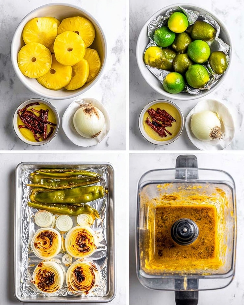 The image shows a step-by-step process of preparing ingredients for a sauce. The first layer is a white bowl with bright yellow pineapple rings, a whole white onion, green poblano peppers in another white bowl, and garlic cloves on a white marbled surface. The second layer shows a white baking tray lined with foil, with whole green poblano peppers, two thick slices of white onion, and three pineapple rings arranged neatly in rows. The third layer shows the same items after roasting, with the poblano peppers, onions, and pineapples taking on a golden-brown color and some char marks. The fourth layer is a close-up of the raw ingredients—including onion rings, pineapple slice, dried chili, and garlic—in a blender jar on the white marbled surface. The fifth layer shows the blended sauce inside the blender, a smooth mix of golden yellow with some bits of dark chili seeds. photo taken with an iphone --ar 4:5 --v 7