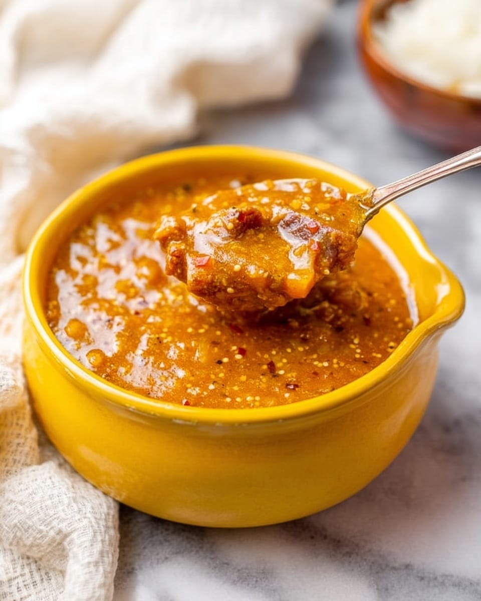 A yellow bowl filled with thick, orange stew that has visible mustard seeds and small pieces of meat. A spoon is lifting some stew out of the bowl, showing its chunky texture. The bowl is placed on a white marbled surface, with a white cloth and a bowl of rice blurred in the background. The overall look is warm and hearty. photo taken with an iphone --ar 4:5 --v 7