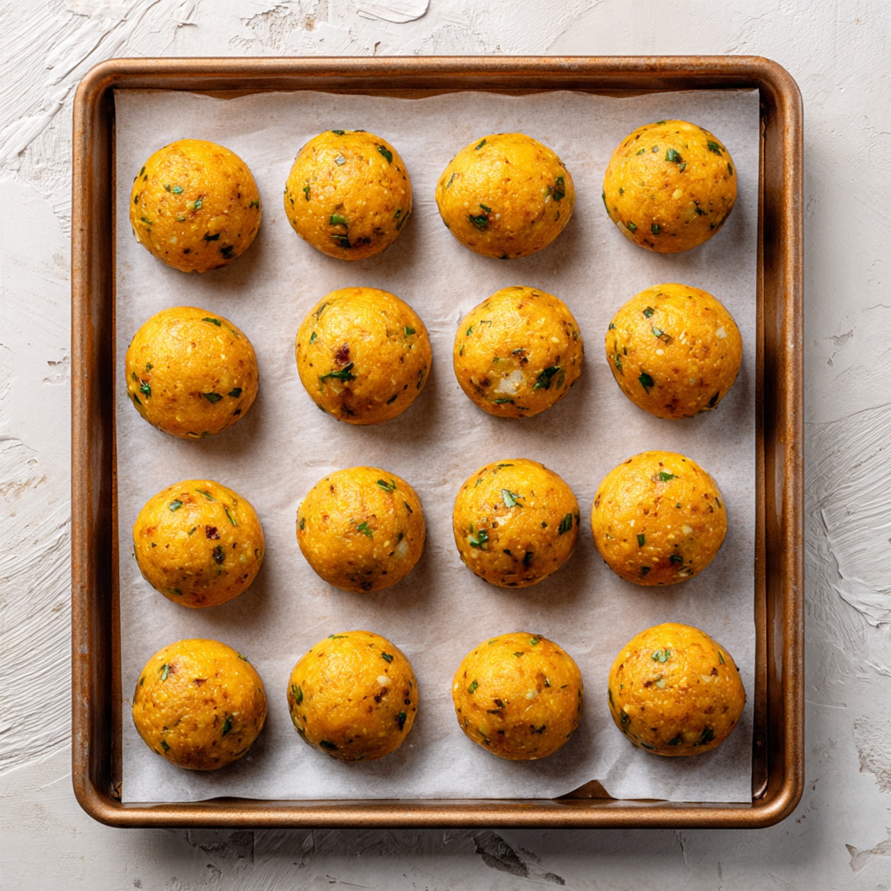 The image shows a baking sheet with about fifteen small round baked balls evenly placed with some space between each. These balls are golden brown and have a slightly rough texture with small visible bits of green herbs or vegetables inside them. The baking sheet is lined with white parchment paper, and the surface underneath is a white marbled texture. The lighting highlights the warm tones and crispy edges of the balls, making them look fresh and tasty. photo taken with an iphone --ar 4:5 --v 7