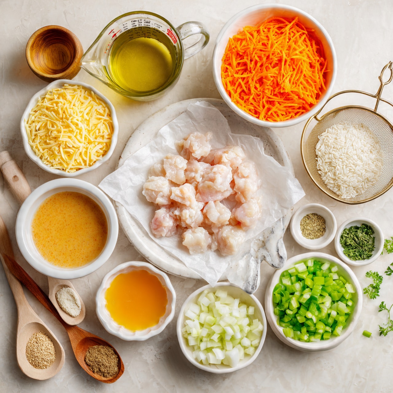 The image shows a white plate in the center lined with parchment paper holding small, pale pink pieces of raw chicken. Around this plate, there are multiple white bowls and spoons containing separate ingredients. At the top right is a large bowl filled with bright orange shredded carrots. Above the chicken plate, there is a clear glass measuring cup filled with light brown chicken broth. To the left of the broth is a small white bowl with shredded yellow cheddar cheese. Below the cheese and chicken broth, there is a gold metal strainer holding white rice. Below the rice, there is a small white bowl with light orange buffalo sauce. To the right of the sauce, a large white bowl is filled with bright green chopped celery. Next to this is a small white bowl with chopped white onion, and beside the onion is a small white scalloped dish holding dried green parsley. On the far right bottom corner, there’s a small white bowl filled with finely chopped garlic. Above the garlic, there are two wooden spoons, one filled with garlic powder and the other with black pepper. Near the chicken plate on the left side, there is a small wooden bowl with beige onion powder. A small white cup with yellow olive oil sits close to the shredded carrots. The whole scene rests on a white marbled surface. photo taken with an iphone --ar 4:5 --v 7