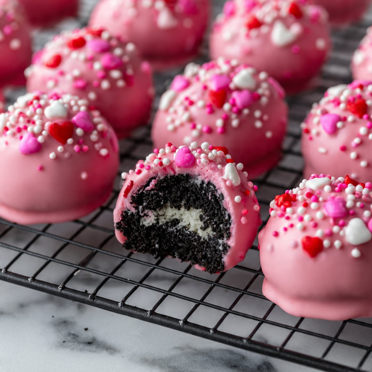 The image shows many round treats coated in smooth, shiny pink icing arranged on a black cooling rack over a white marbled surface. Each treat has small pink, red, and white round sprinkles on top. One treat in the middle is cut open, revealing a black, crumbly inside with white cream in the center. The texture of the coating is soft and glossy, and the treats are all about the same size, making a neat pattern. photo taken with an iphone --ar 4:5 --v 7