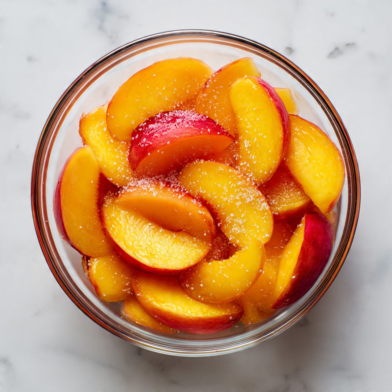 A glass bowl sits on a white marbled surface, filled with peach slices arranged in a single layer. The peach flesh is bright orange with some red near the edges, showing a juicy and smooth texture. The bowl contains a light sprinkle of white granulated sugar over the peach slices, adding a fine grainy layer on top. photo taken with an iphone --ar 4:5 --v 7