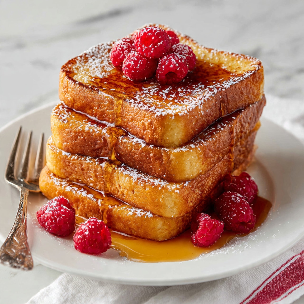 A stack of four thick, golden-brown French toast slices with a slightly crispy outer layer and soft inside sits in the middle of a white plate. The toast has a light dusting of powdered sugar on top and a drizzle of syrup running down the sides onto the plate. Bright red raspberries are placed on the top toast slice and around the plate. A fork rests under the toast on the left side. The plate is set on a white marbled surface with a white cloth with a red stripe in the background. photo taken with an iphone --ar 4:5 --v 7