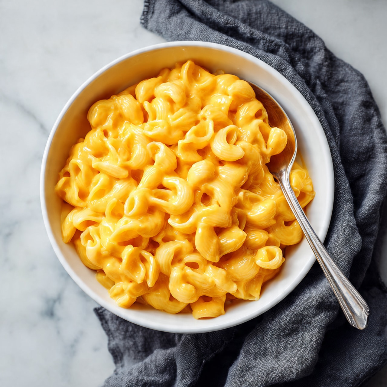 A white bowl filled with creamy macaroni and cheese made of small curved pasta covered in thick, smooth, bright orange cheese sauce. A metal spoon sits inside the bowl on the right side, partially under the pasta. The bowl is placed on a loose folded dark gray cloth with soft folds. The background has a white marbled texture. photo taken with an iphone --ar 4:5 --v 7