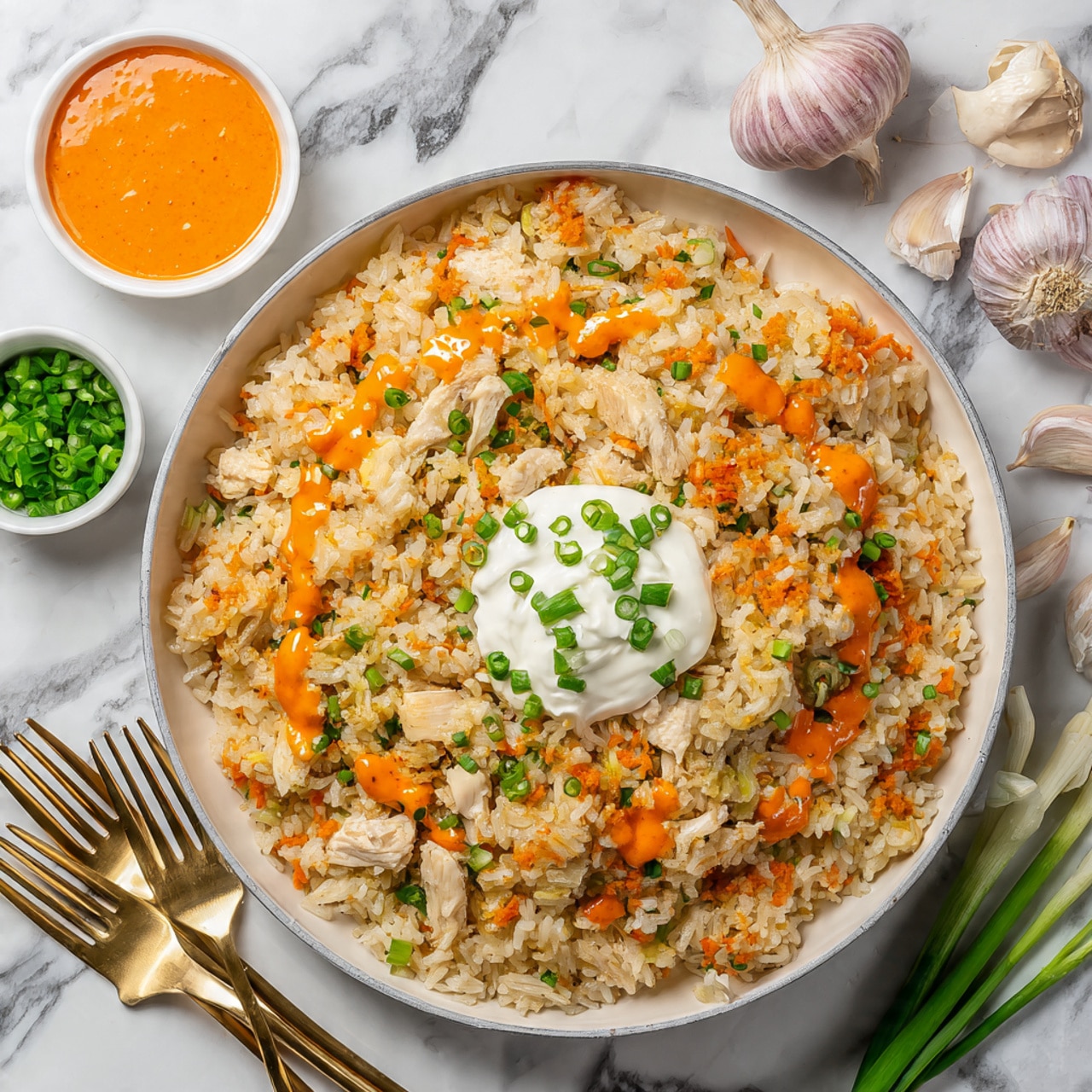 A white pan filled with cooked rice mixed with small pieces of light brown chicken, orange shredded carrots, and finely chopped green onions. On top, there is a dollop of white sour cream garnished with more green onions. The rice mixture is drizzled with bright orange sauce in several places. Around the pan, whole garlic bulbs and cloves sit next to a small white bowl of orange sauce and a small white bowl of extra green onions. Three gold forks are placed on the left side of the pan on a white marbled surface. photo taken with an iphone --ar 4:5 --v 7