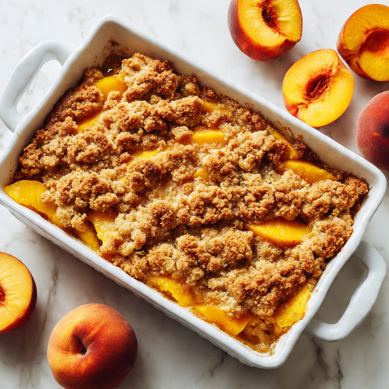The image shows a white rectangular baking dish filled with a golden brown peach cobbler. The cobbler has a crumbly, textured top layer with uneven, rustic peaks and valleys. Beneath the crumbly crust, vibrant orange-yellow peach slices are partially visible, nestled within the soft dough. The dish sits on a white marbled surface with a few whole and halved fresh peaches scattered around, adding a pop of bright orange color. The scene is bright and natural, highlighting the warm tones of the dessert. Photo taken with an iphone --ar 4:5 --v 7