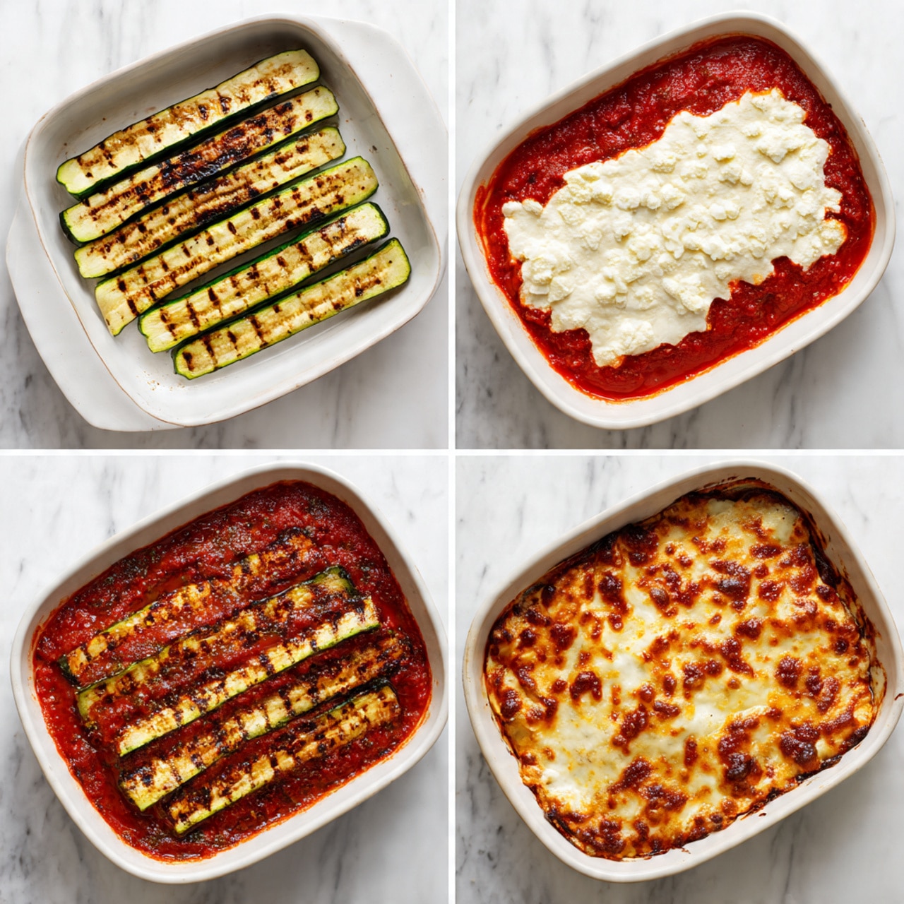 The image shows a four-step process of making a baked zucchini dish. First, there are grilled zucchini strips with grill marks placed on a white surface with a white marbled texture. In the second step, the zucchini strips are laid flat in a white baking dish, evenly covered with a bright red marinara sauce. The third step adds a thick layer of white cheese spread unevenly on top of the marinara and zucchini. The final step shows the dish baked with melted cheese that has bubbly, browned spots covering the red sauce and zucchini underneath. Photo taken with an iphone --ar 4:5 --v 7
