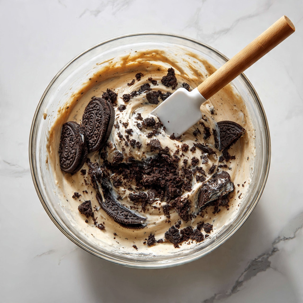 A clear glass bowl sits on a white marbled surface, filled mostly with light beige creamy mixture and topped with a large amount of crushed dark chocolate sandwich cookies, some pieces showing the white cream inside. A white spatula with a wooden handle rests inside the bowl, partially immersed in the creamy mixture. The texture of the cream looks smooth and soft, while the cookie pieces are rough and crumbly, adding contrast. photo taken with an iphone --ar 4:5 --v 7