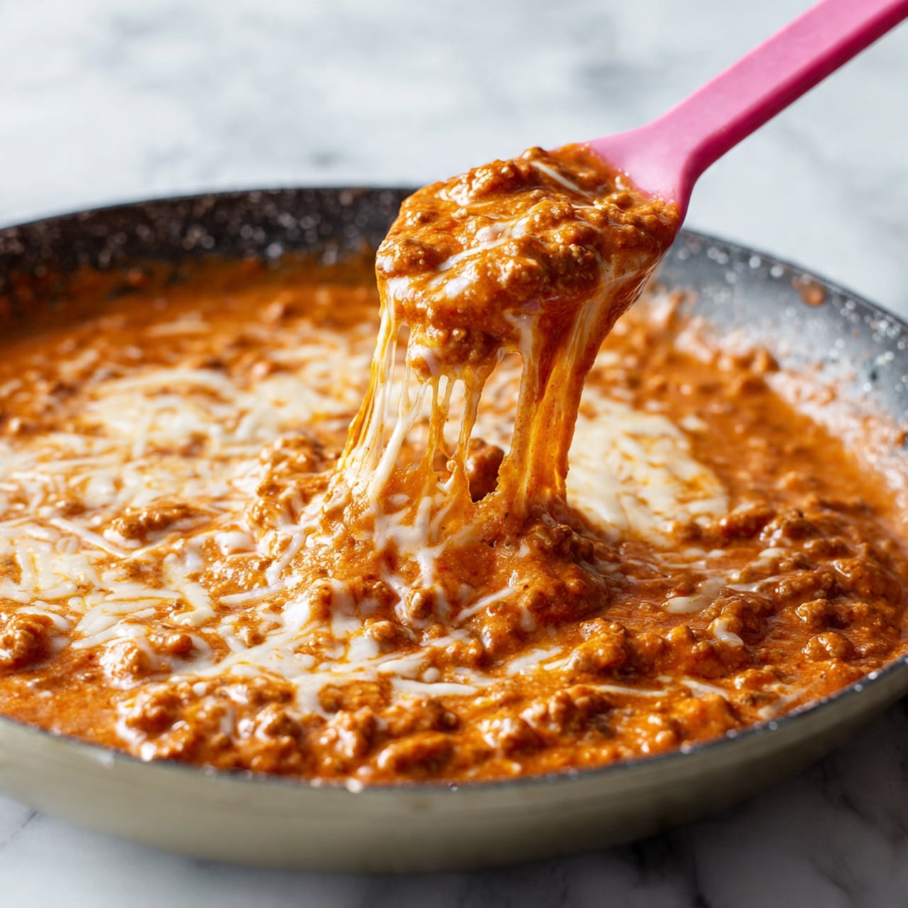 A close-up view of a pan filled with a thick, orange-red sauce mixed with melted white cheese strands and small bits of textured food, possibly ground meat. A pink spoon lifts a scoop of the mixture, showing melted cheese stretching over the saucy, chunky base. The sauce looks rich and smooth, with layers of melted cheese blending into the sauce, giving it a creamy texture. The pan edges are slightly speckled and the whole scene is set against a white marbled background. photo taken with an iphone --ar 4:5 --v 7