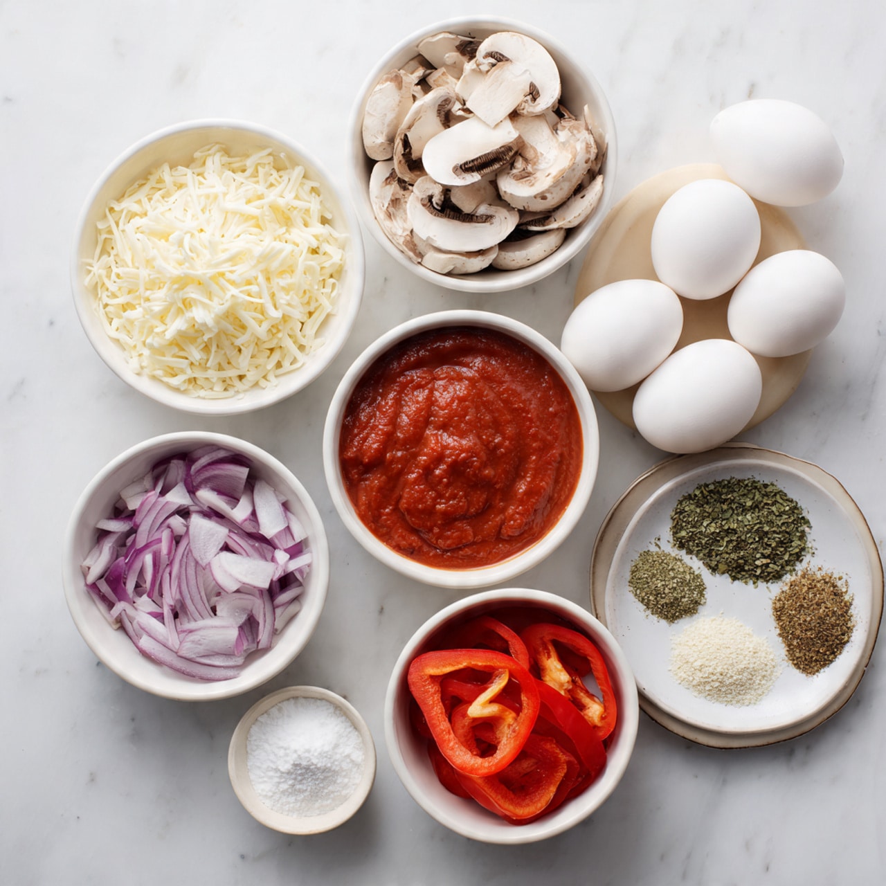 The image shows eight small white bowls and one egg carton arranged on a white marbled surface. The top left bowl contains shredded mozzarella, creamy white in color with a soft texture. Below it, another bowl holds sliced mushrooms, light brown with a smooth and slightly shiny surface. To the right of the mushrooms, a bowl is filled with bright red pizza sauce, thick and smooth. Next, there is a white bowl with coarsely chopped red onion, showing a mix of deep purple and white pieces. Below the onion, a bowl contains red bell pepper slices, vibrant and glossy. Near the center, a small white dish holds white cornstarch with a powdery texture. To the right, a small round white plate holds three spices separated in small piles: dried green oregano, beige garlic powder, and dark green dried basil, with a pinch of white salt nearby. At the top right corner, four white eggs sit neatly in a brown carton. All the bowls and dishes are round and placed naturally without overlap, with good lighting and clear focus, photo taken with an iphone --ar 4:5 --v 7