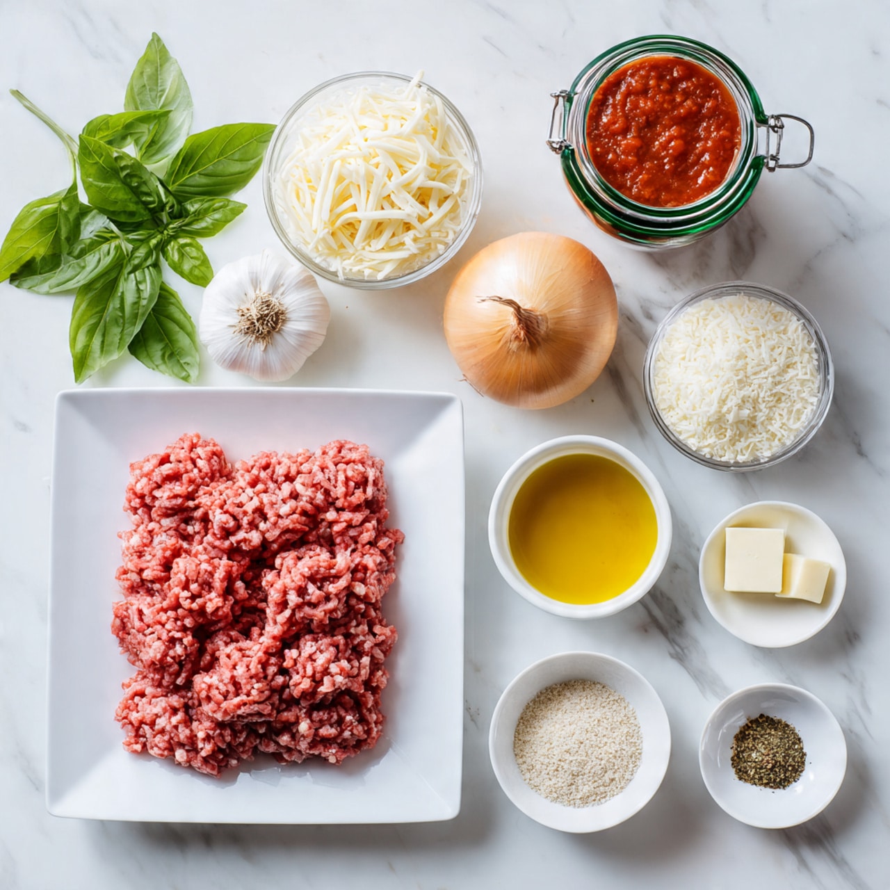 A white plate is filled with raw ground meat arranged in a loose rectangular shape at the bottom center. Above it, a bulb of garlic and a whole onion sit side by side on a white marbled surface. To the right is a jar of red marinara sauce with a green lid. Surrounding these main items, there are several small white bowls and clear glass containers holding various ingredients: shredded mozzarella cheese in a clear jar, grated Parmesan cheese in a white bowl, a cup of panko breadcrumbs, olive oil in a white bowl, and two small plates with pats of butter. Two small dishes contain mixed spices and seasonings in pale yellow, white, and green hues. To the far left, fresh green basil leaves add a burst of color on the white marbled surface. The photo is taken with an iphone --ar 4:5 --v 7