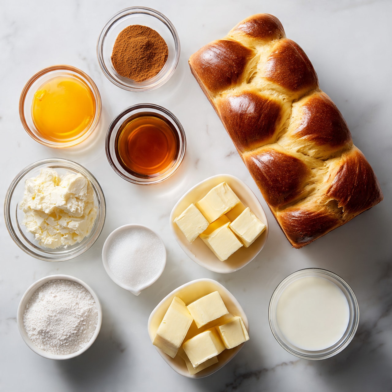 This image shows ingredients neatly arranged on a white marbled surface. On the left side, there is a loaf of golden brown brioche bread with a soft, fluffy texture and a braided top. Above and to the right of the bread, clear glass bowls hold cinnamon, maple syrup, and eggs, each with warm brown, amber, and light brown colors respectively. Below these bowls, there are small clear and white dishes containing vanilla extract, butter cut into pale yellow cubes, heavy cream, salt in a white dish, and milk, showing creamy white and light textures. The overall arrangement is clean and organized with soft natural lighting. photo taken with an iphone --ar 4:5 --v 7