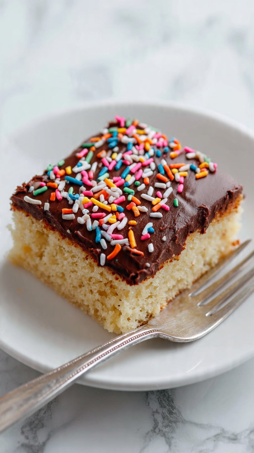 A single square piece of cake sits on a white plate with a silver fork beside it. The cake has two layers: the bottom layer is a soft, light brown cake base with a slightly crumbly texture, and the top layer is a thick, smooth dark brown chocolate frosting spread evenly. Colorful sprinkles in pink, orange, yellow, green, blue, and white are scattered across the chocolate frosting, adding a bright and playful touch. The plate rests on a white marbled surface. photo taken with an iphone --ar 4:5 --v 7