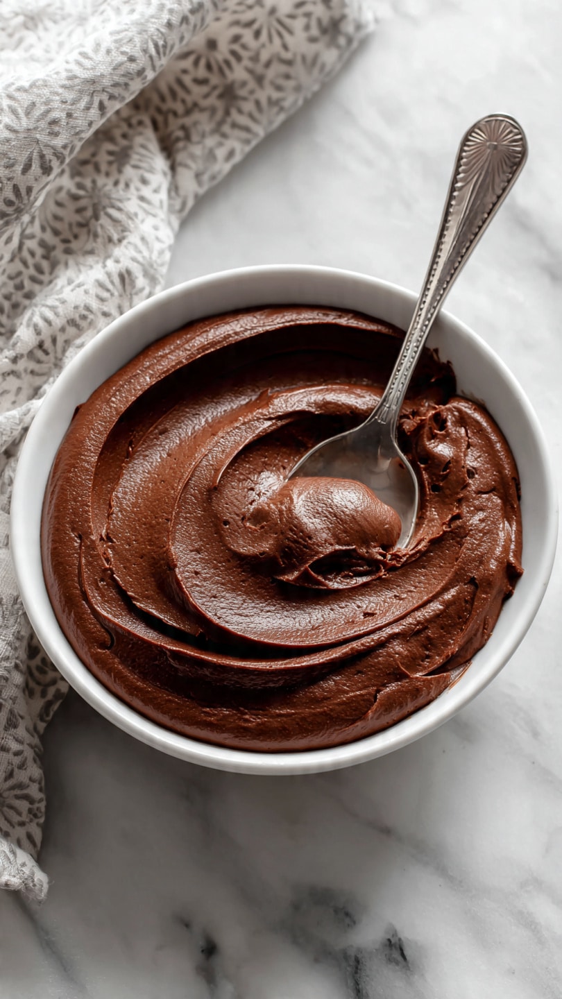 A round white bowl filled with a thick layer of smooth dark brown chocolate mousse. The top surface is softly textured with swirled spoon marks, and a silver spoon is partially dipped into the mousse, creating a curved scoop area near the edge. The bowl sits on a white marbled surface with a patterned cloth visible in the top left corner. photo taken with an iphone --ar 4:5 --v 7