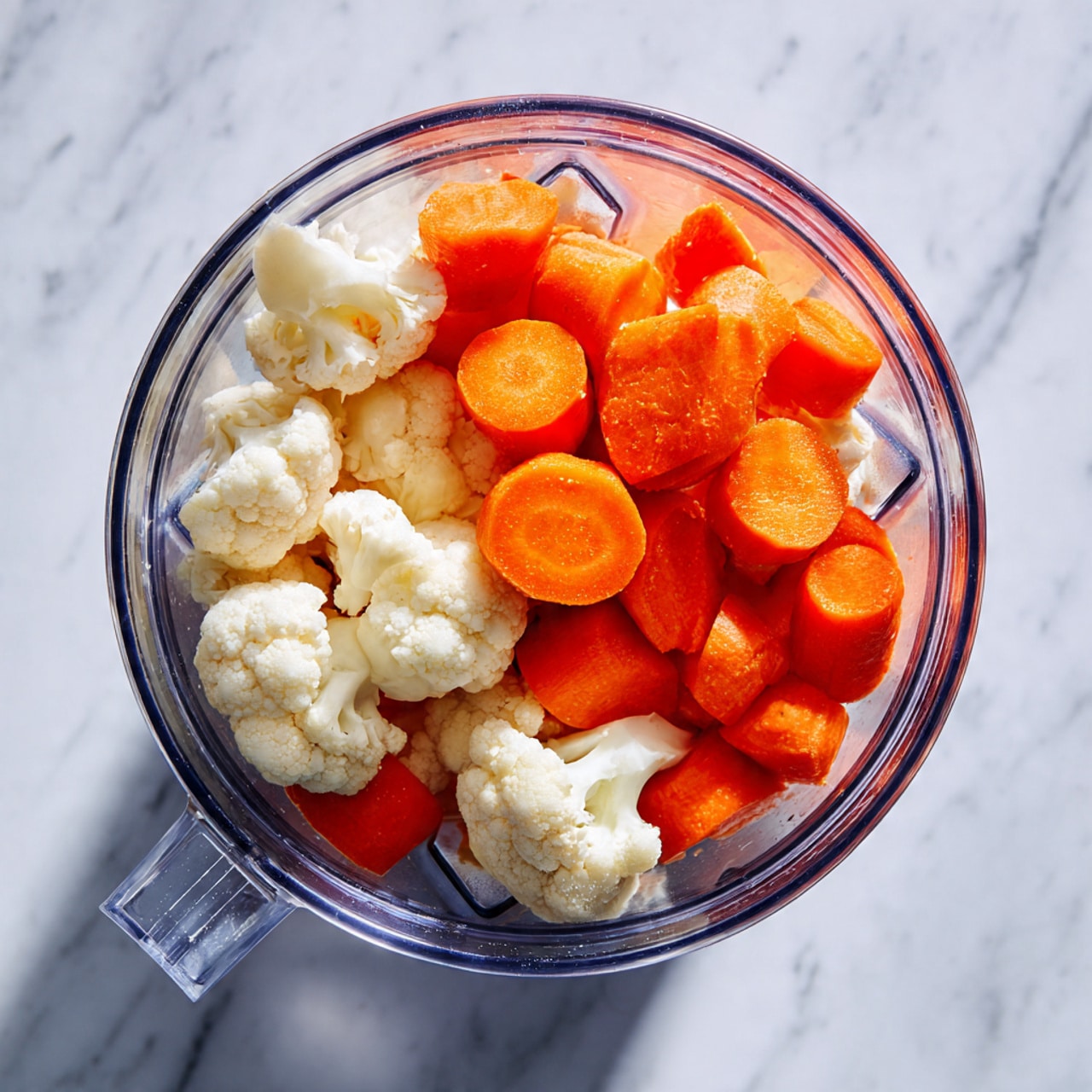 A clear blender container is filled with two layers of vegetables on a white marbled surface: the bottom layer consists of white cauliflower florets with a rough texture, while the top layer is bright orange carrot pieces cut into thick rounds and chunks, all visible from a top-down view. Photo taken with an iphone --ar 4:5 --v 7