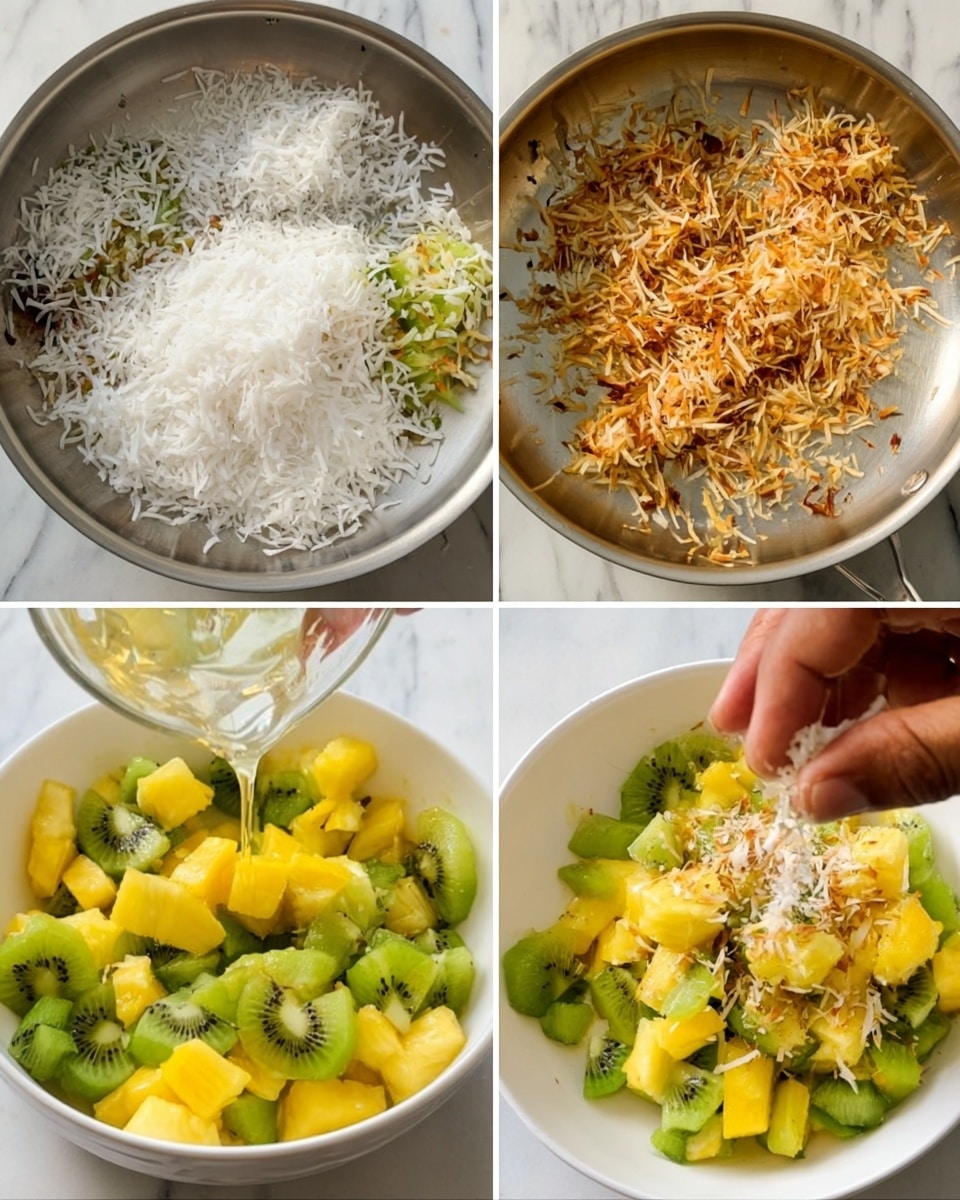 The image is divided into four parts showing the making of a fresh fruit salad with toasted coconut. The top left shows shredded white coconut in a silver pan on a white marbled surface. The top right displays the same coconut now golden brown and toasted evenly in the pan. The bottom left shows a clear liquid being poured over a bowl full of chopped bright yellow pineapple and sliced green kiwi on the white marbled surface. The bottom right shows a woman's hand sprinkling the toasted coconut over the colorful fruit salad in a white bowl, highlighting the bright yellow, green, and toasted brown colors together. Photo taken with an iphone --ar 4:5 --v 7