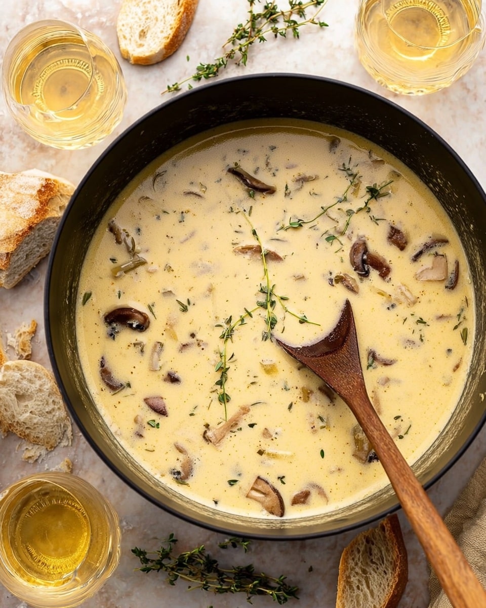 A large black pot filled with creamy, pale yellow mushroom soup with small green herb leaves floating on top. The soup has visible pieces of brown mushrooms and small bits of onions spread throughout. A wooden spoon with a smooth, light brown handle rests in the soup, partially covered by the creamy broth. Around the pot, there are two clear glasses filled with light golden liquid, some chunks of light brown bread, and sprigs of fresh herbs scattered on a white marbled surface. Photo taken with an iphone --ar 4:5 --v 7
