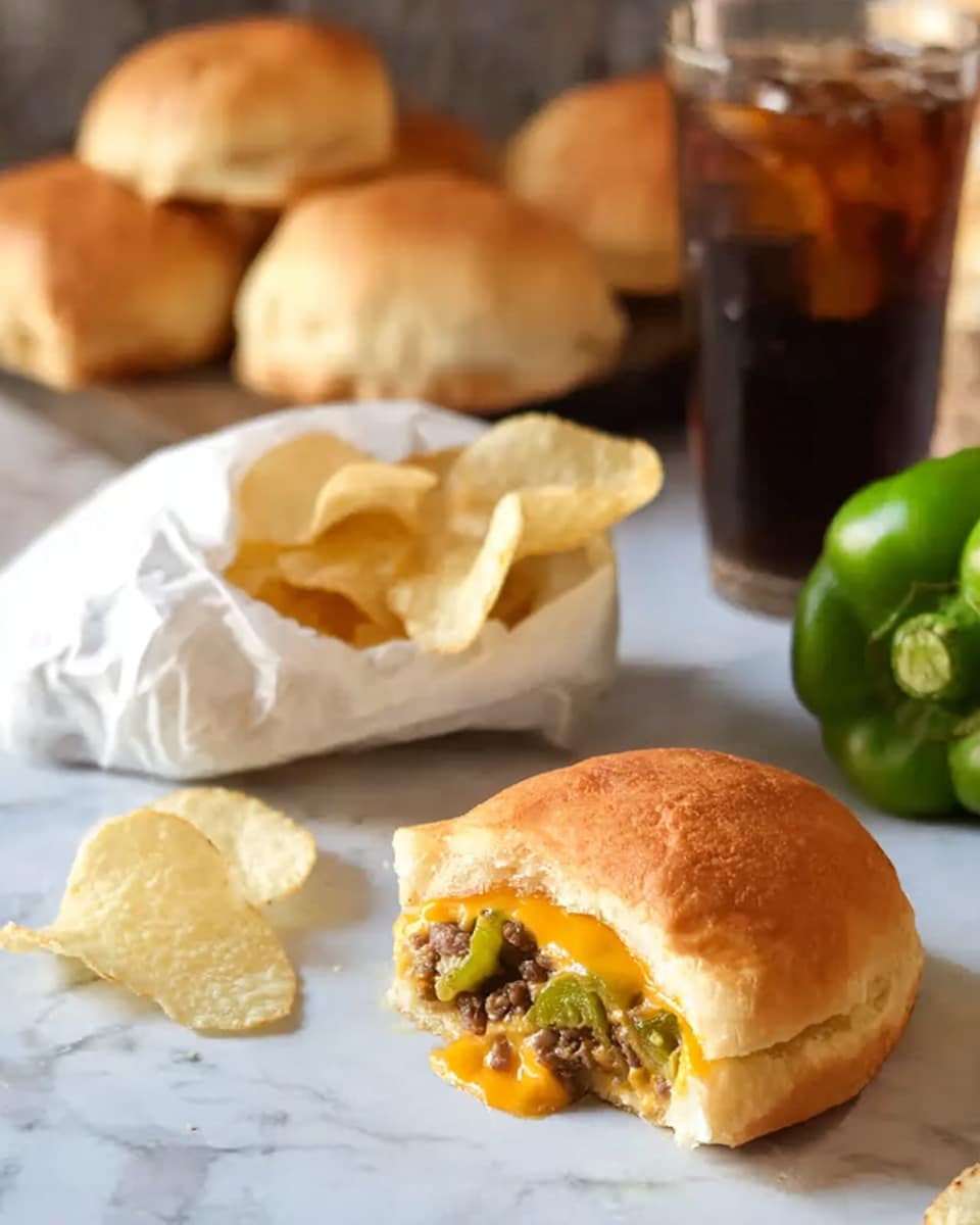 A shiny golden-brown bun with a soft texture is at the front, broken open to show a filling of chopped green peppers, browned meat, and melted orange cheese. To the left, there is a small white paper bag full of light yellow potato chips with a few chips scattered around. Behind and slightly out of focus, there are more golden-brown buns and a tall glass filled with a dark fizzy drink. On the right side, a whole bun sits on the white marbled surface, and a bright green bell pepper is partially visible. The scene is lit softly to highlight the colors and textures of the food. photo taken with an iphone --ar 4:5 --v 7