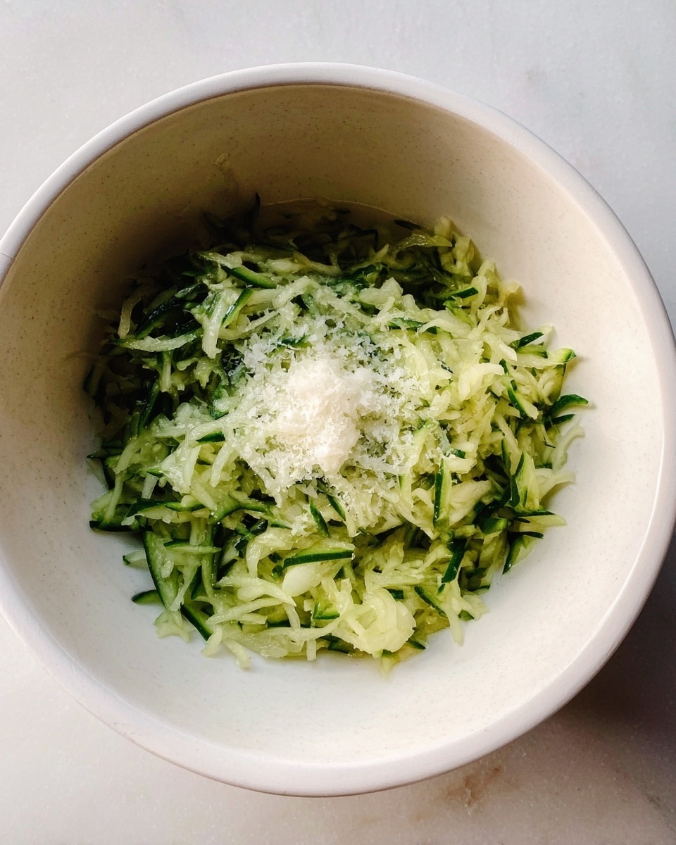 A white bowl holds a mixture of finely shredded green cucumber, soft and moist with visible small water droplets, with a small pile of white, finely grated cheese or salt in the center. The shredded cucumber appears fresh with a slightly rough texture, layered loosely inside the bowl. The bowl sits on a white marbled surface. Photo taken with an iphone --ar 4:5 --v 7