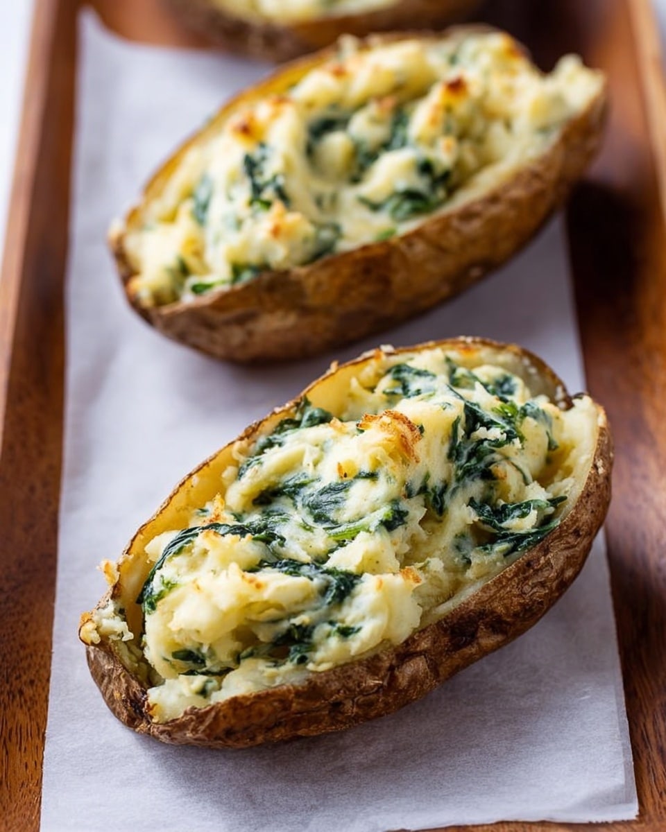 The image shows two potato skins filled with a creamy mix of mashed potatoes and spinach. Each potato skin is brown and crispy on the outside, while the inside filling is light yellow with visible dark green spinach leaves mixed throughout. The stuffing looks soft and slightly textured, filling the hollowed-out space of the potato skins fully. The potato skins are placed on white paper on top of a wooden tray with a rich brown color. Photo taken with an iphone --ar 4:5 --v 7