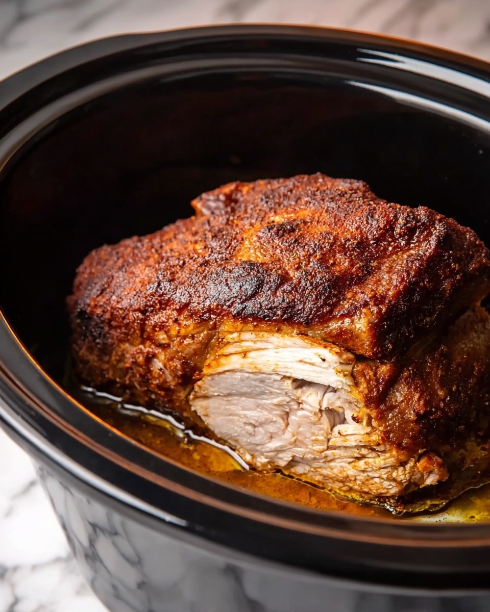 A large piece of cooked meat with a dark reddish-brown spiced crust sits inside a black slow cooker lined with aluminum foil. The meat is sliced slightly, showing its light beige inside with a juicy texture, and it sits partly in its own golden brown juices at the bottom of the slow cooker. The whole scene is set on a white marbled surface. photo taken with an iphone --ar 4:5 --v 7