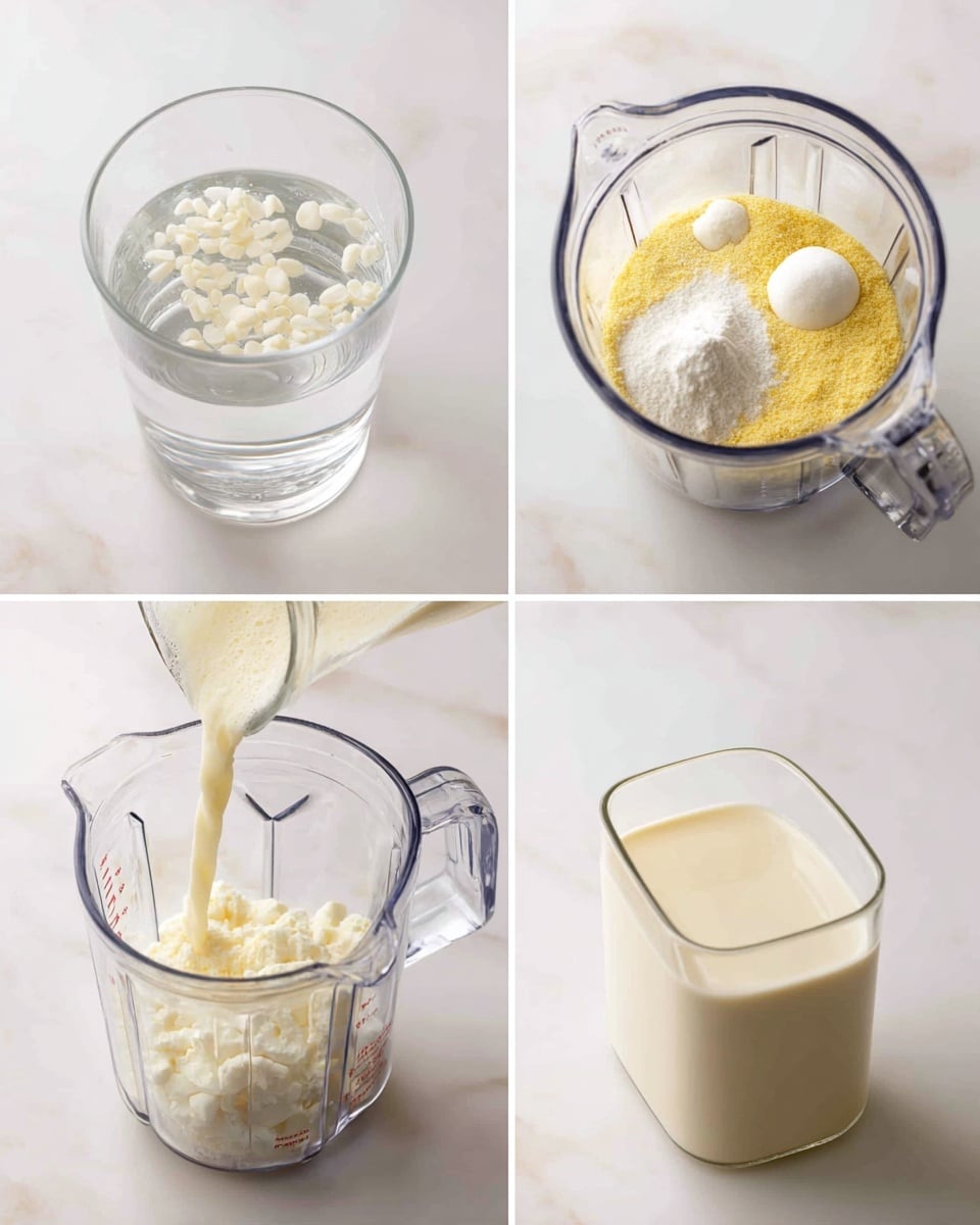 The image set shows four steps for a smooth blend recipe, all arranged on a white marbled background. The first image shows a clear glass measuring cup filled with water and small white bean pieces. The second image displays the inside of a blender jar with yellow powder, white powder, and two dollops of solid white substance sitting on top. The third image is a close-up of the blender jar from above, where clear water is being poured in over the yellow powder, white powder, and white solid. The fourth image shows a rectangular clear glass container filled with a smooth, light cream-colored liquid, resting on the white marbled surface. Photo taken with an iphone --ar 4:5 --v 7