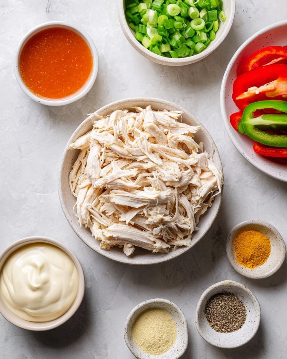 The image shows a white bowl in the center filled with shredded white chicken meat, surrounded by various small bowls on a white marbled surface. To the top right, there is a white bowl holding halved red and green bell peppers with a smooth, shiny texture. Above the chicken is a small white plate with chopped green onions, bright and fresh. To the left of the chicken, a small white bowl contains a reddish-orange sauce, smooth and glossy. Bottom left has a white bowl of creamy white mayonnaise with a thick texture. At the bottom center, there is a small white plate with four different powdered spices in sections: black pepper, white powder, yellow powder, and light brown powder. A small round white bowl with a light yellow powder is placed next to it. All bowls and plates are set on a white marbled background. Photo taken with an iphone --ar 4:5 --v 7