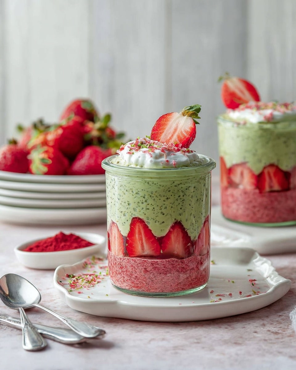 The image shows two glass jars filled with a layered dessert placed on a white marbled surface. Each jar has three layers: the bottom layer is a pink strawberry base, the middle layer is a smooth green matcha cream, and the top layer is a dollop of white whipped cream sprinkled with green matcha powder and red crumbs. Each jar is topped with fresh strawberry halves. Around the jars are several halved strawberries scattered on the surface, a pink bowl filled with whole strawberries in the background, a small plate with red crumbs, and two silver spoons near the bottom right. photo taken with an iphone --ar 4:5 --v 7
